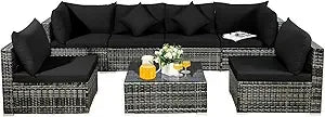7 Pieces Patio Furniture Set, Patiojoy All-Weather Outdoor Rattan Sectional Sofa Set with Cushions and Tempered Glass Coffee Ta - Kimlud