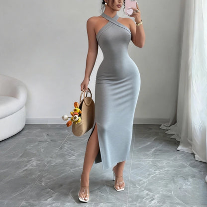 Women's Burgundy Halter Neck Sleeveless Stretchy Knit Bodycon Midi Dress Side Slit Elegant Summer Party Evening Dress Outfits