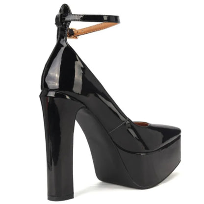 Women New European And American Style Super High Heels Patent Leather Round Toe Thick Sole Large Size Thick Heel Shoes