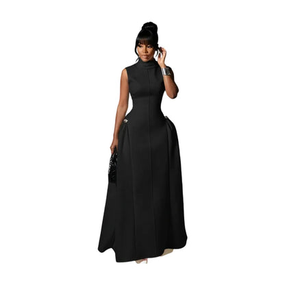 Women High Neck Sleeveless Fitted Floor Length Maxi Dress With Side Flared Detail For Formal Gala Wedding And Evening...