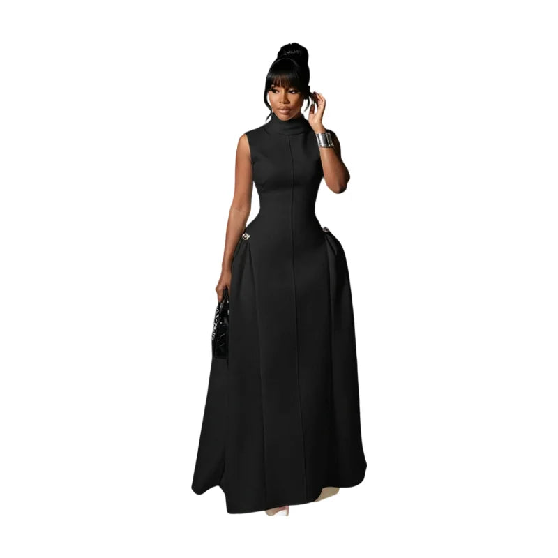 Women High Neck Sleeveless Fitted Floor Length Maxi Dress With Side Flared Detail For Formal Gala Wedding And Evening...