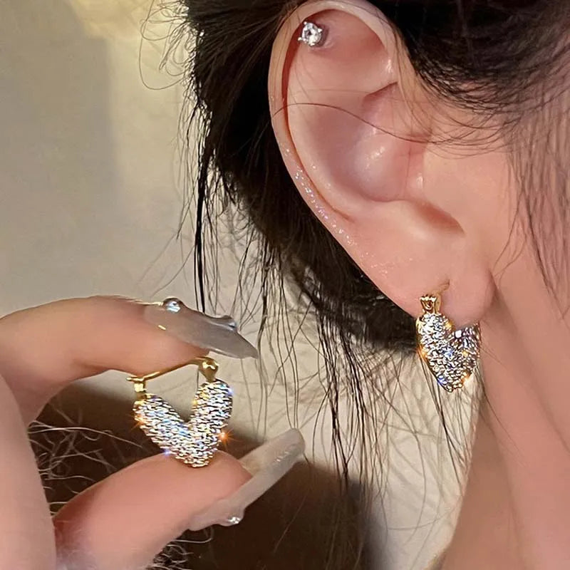 Luxury Full Zircon Love Hoop Earrings For Women Exquisite Shiny Crystal Heart Shaped Temperament Earrings Wedding...