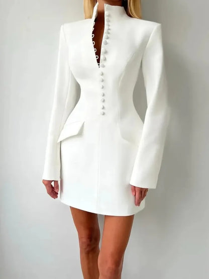 Blifanbo Elegant Long Sleeve Mini Dress Women Gown Bodycon Fashion Single Breasted Solid Patchwork Slim Sexy Club Party Dress