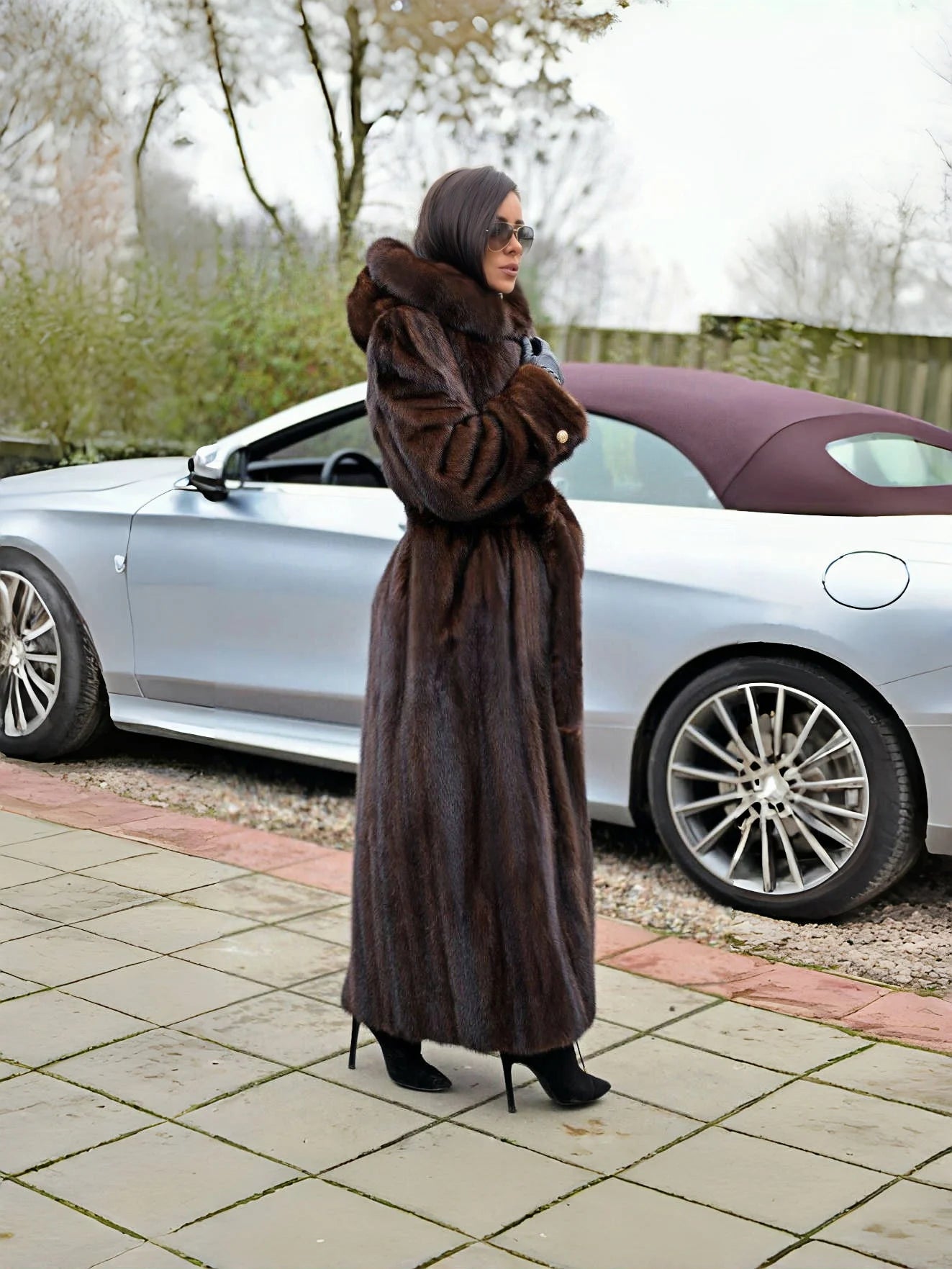 Women's Dark Brown Faux Mink Fur Hooded Coat 2025 Winter Long Length Belted Warm Luxury Jacket for Daily Party...