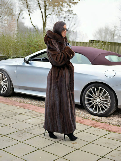 Women's Dark Brown Faux Mink Fur Hooded Coat 2025 Winter Long Length Belted Warm Luxury Jacket for Daily Party...