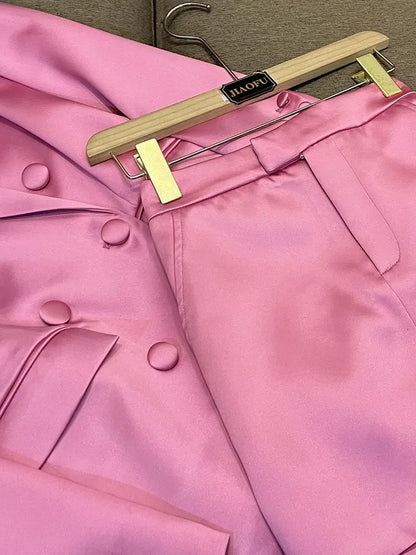 Pink Satin Slim Fit Blazer Hip-covering Skirt Fashionable Commuting Two-piece Set