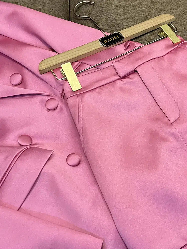 Pink Satin Slim Fit Blazer Hip-covering Skirt Fashionable Commuting Two-piece Set