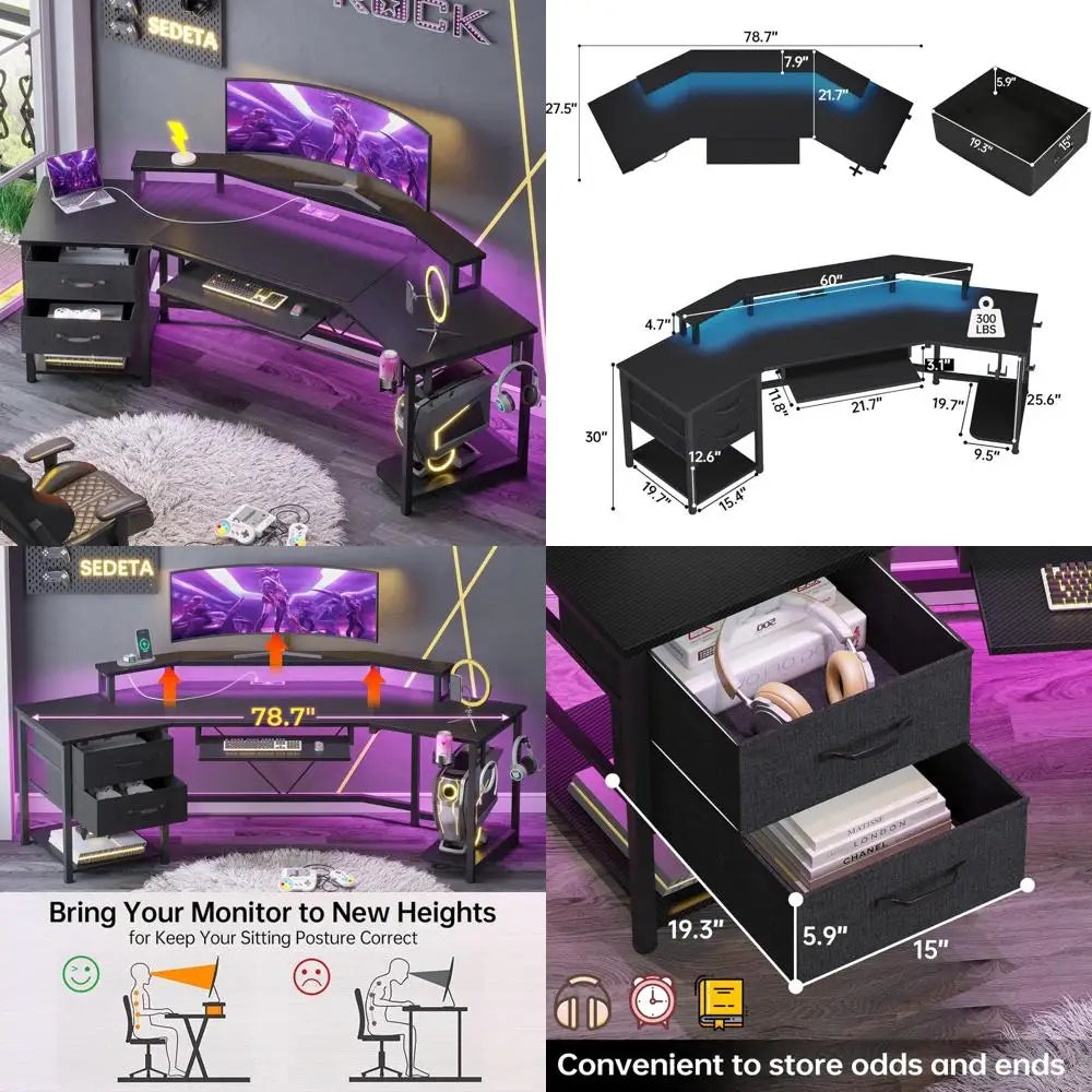 79" Gaming Desk, Computer Desk with 2 Fabric Drawers & LED Light, L Shaped Gaming Desk with Storage Shelf for Home Office