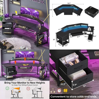 79" Gaming Desk, Computer Desk with 2 Fabric Drawers & LED Light, L Shaped Gaming Desk with Storage Shelf for Home Office