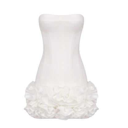 Stereoscopic Flowers Back Laceing Strapless Solid Bandage Mini Evening Dress Sweet Woman Birthday Party Patchwork Lace Up Dress