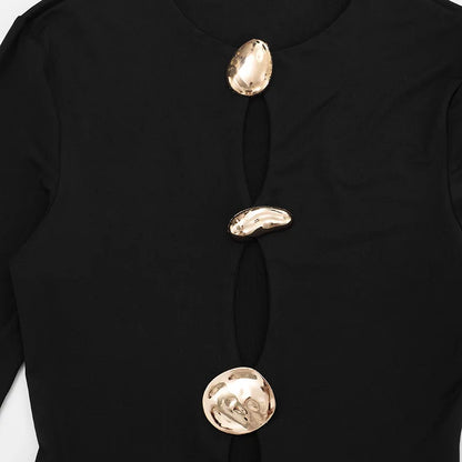 Chaxiaoa Hollow Out Long Sleeve Sexy Mini Dress Women Autumn Winter Button O Neck High Waist Ruched  Club Party Dresses Elegant