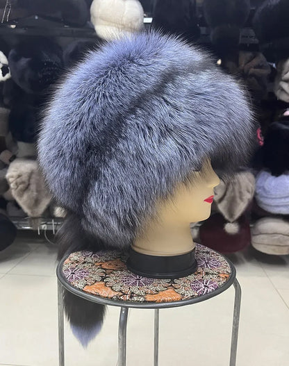 Winter Fur Women Hat with Tail Real Fox Fur Hat Luxury Raccoon Fur Beanies Warm Ear Protect Unisex Bomber Hat Wholesale Bonnets