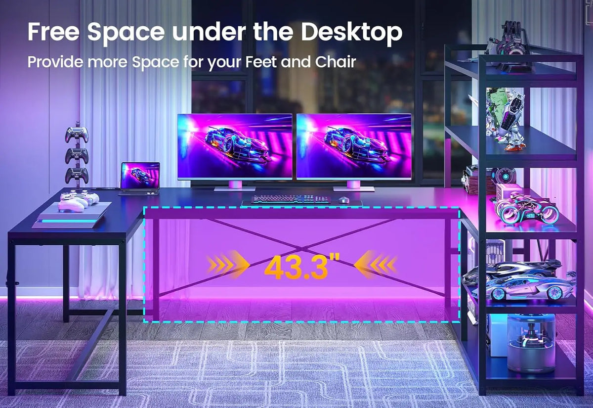 63'' L-Shaped Gaming Desk with LED Lights, Power Outlet & Storage Shelves - Reversible Corner Desk for Home Office |...