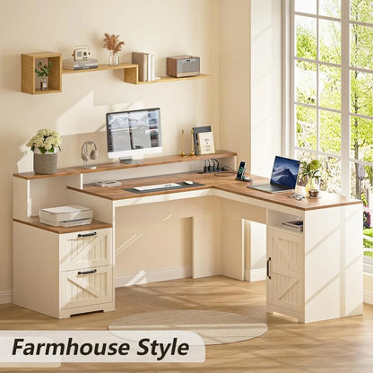 63" Farmhouse L Shaped Executive Desk with Drawers & Storage Shelf, Corner Computer Desk with Power Outlets, L Shaped Office Des - Kimlud