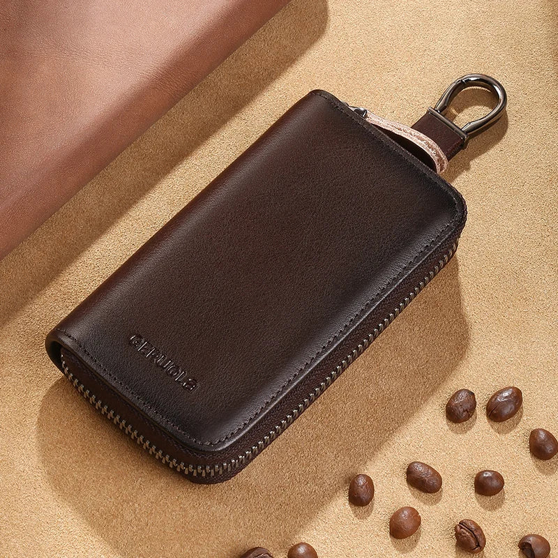 Men'S Key Holder with 2 Card Slots + 1 ID Key Clip + 6 Key Rings + 1 Car Key Chain, Genuine Leather Large Capacity Multi-Car