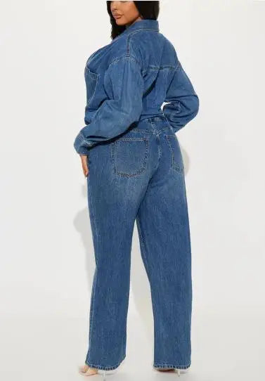 Jumpsuit Women 2026 New Spring Autumn Solid Color Pocket Design Turn-Down Collar Long Sleeved High Waist Casual Denim...