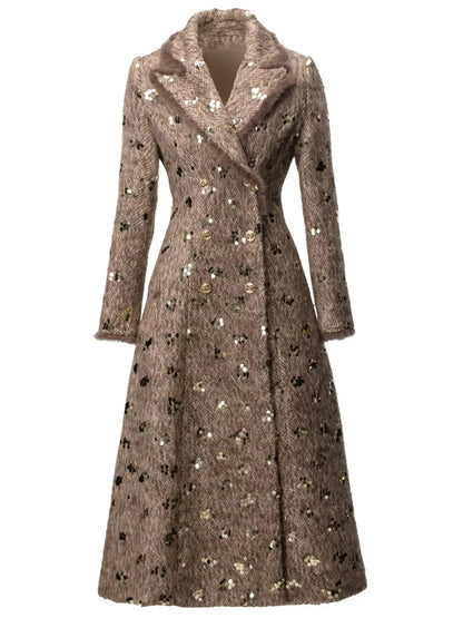 IEQJ Fashion Autumn Winter Woolen Coat Women Turn-Down Collar Fur EdgeDouble Breasted Long Sleeves Sequins Slim Blends Coat New