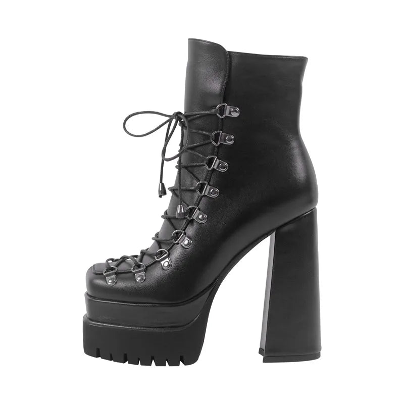 Onlymaker Double Platform Punk Boots Side Zipper Lace-up Fashion Matte Ankle Boots