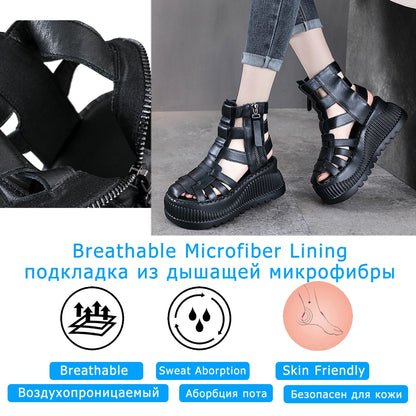 Koznoy 8cm 2025 Ethnic Weave Cow Genuine Leather Hollow Zip Summer Fashion Ankle Booties Women Chunky Heels Breathable...