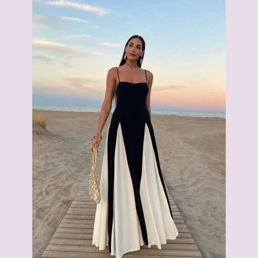 Elegant Black White Dress Color Clash Women Halter Backless Dresses Sleeveless High Waist Floor Length Dresses Party Gowns