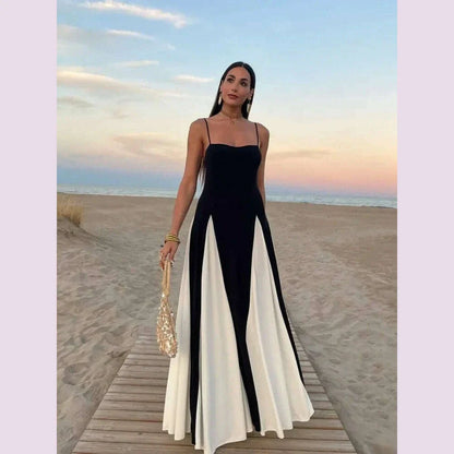 Elegant Black White Dress Color Clash Women Halter Backless Dresses Sleeveless High Waist Floor Length Dresses Party Gowns