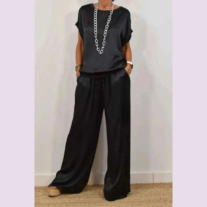 2025 Spring Satin Oversize Women Suit Black V-neck Tops Long Pants Loose Suits Female Summer Casual Trendy Ladies Clothes Sets