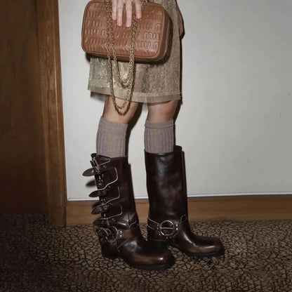 2025 Genuine Leather Platform Rivet Motorcycle boots Round toe Belt buckle Block heel mid wide calf Western boots