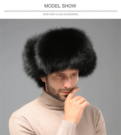 New Winter Men's 100% Real Silver Fox Fur Bomber Hat Raccoon Fur Ushanka Cap Trapper Russian Man Ski Hats Caps Real Leather Hat