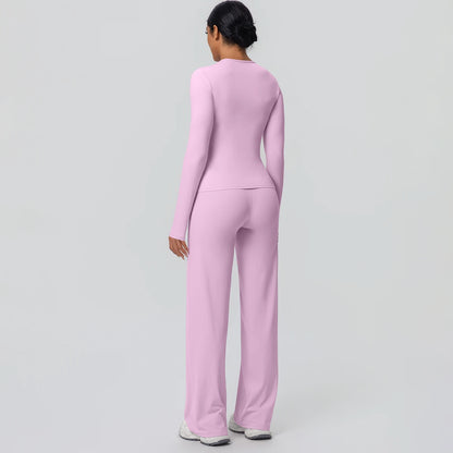 2pieces Women Gym Yoga Set Running Shirts Slim Long Sleeves Workout Top Quick Drying High Stretch Wide Leg Pants Thin Yoga Set