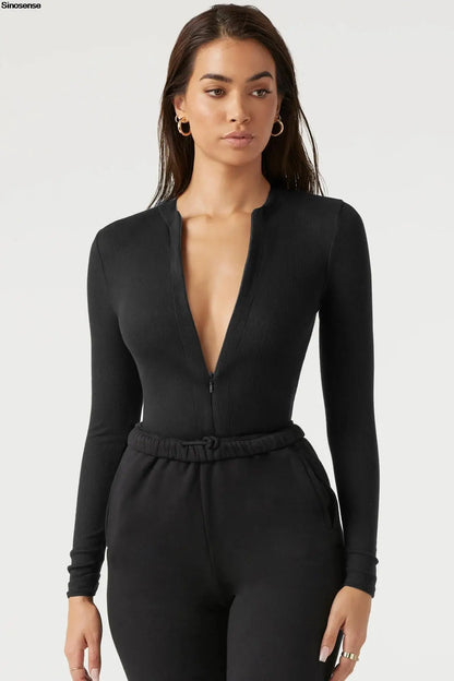 Women Long Sleeve Bodysuit One Piece Zip Front Going Out Bodysuit Tops T Shirts Sexy Deep V Neck Ribbed Bodysuit Leotard Top