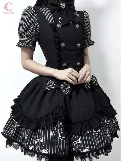 Gothic Striped Lolita Dress Set Women Puff Sleeve Stripe Blouse Suspender Dress Dark Sweet Bowknot Lace Layered Princess Outfit - Kimlud
