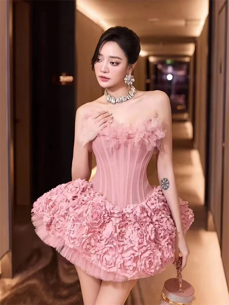Sexy Strapless Flower Lace A-line Mini Dress Women Red Sleeveless Backless Floral Slim Dresses Evening Party Cocktail...