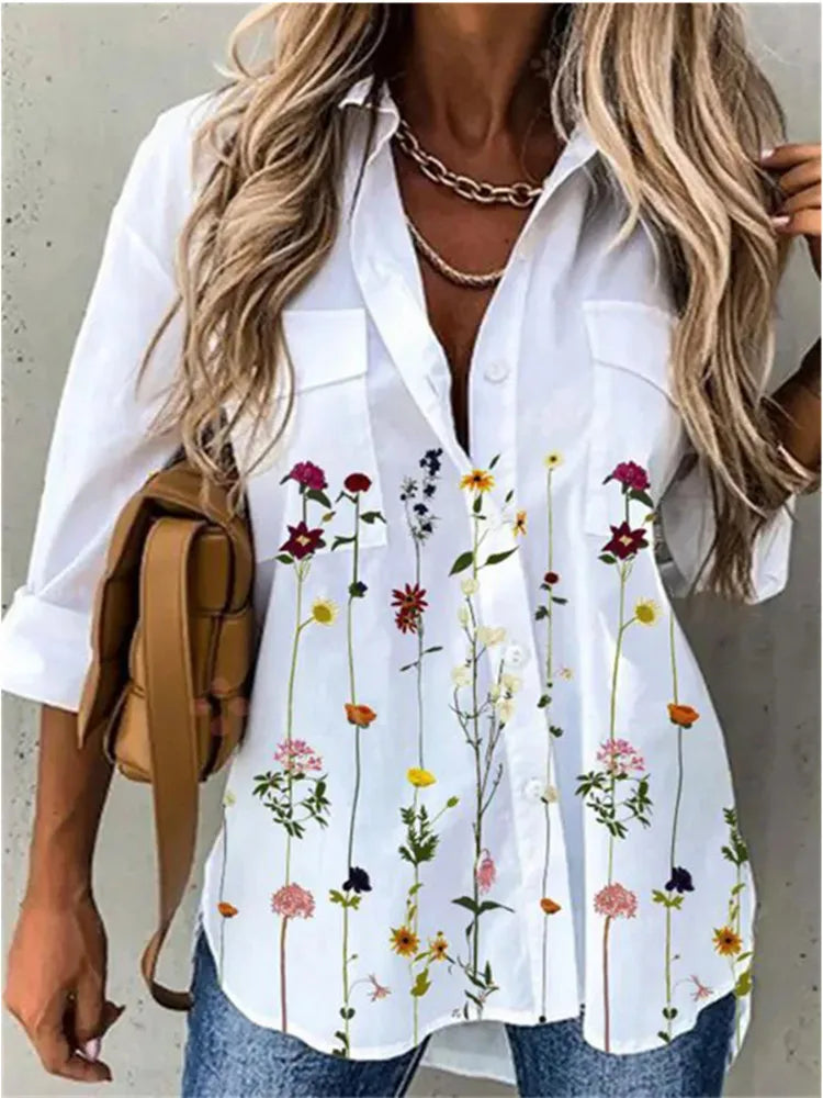 Summer Turn-Down Collar Women Blouse Long Sleeve Shirts Spring Vintage Floral Print Button Casual Blouse Blusas