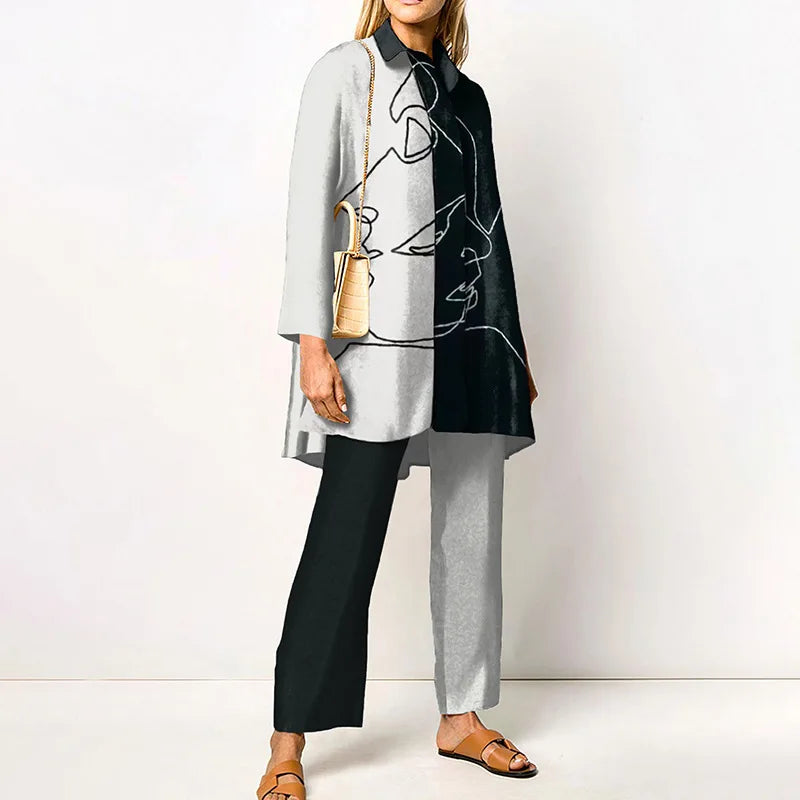 Autumn New Loose Vintage Printed Pant Sets Women Long Sleeve Shirts And Wide Legs Trousers Two Piece Set 2025 Fashion Streetwear