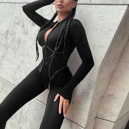 Black Sexy Skinny Jumpsuit Women Overalls O Neck Full Sleeve Zipper Sporty Jumpsuits Ladies Fashion Rompers One-Piece Streetwear - Kimlud