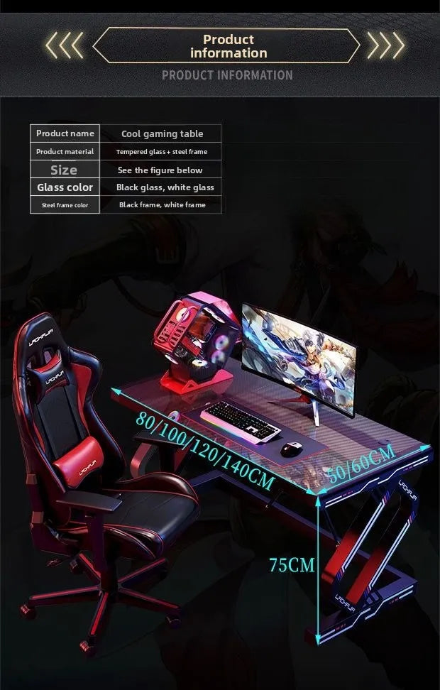 Carbon Fiber Gaming Desk Computer Desk with Tempered Glass Top & Reinforced Steel Frame Modern Gamer Desk Home Office Furniture