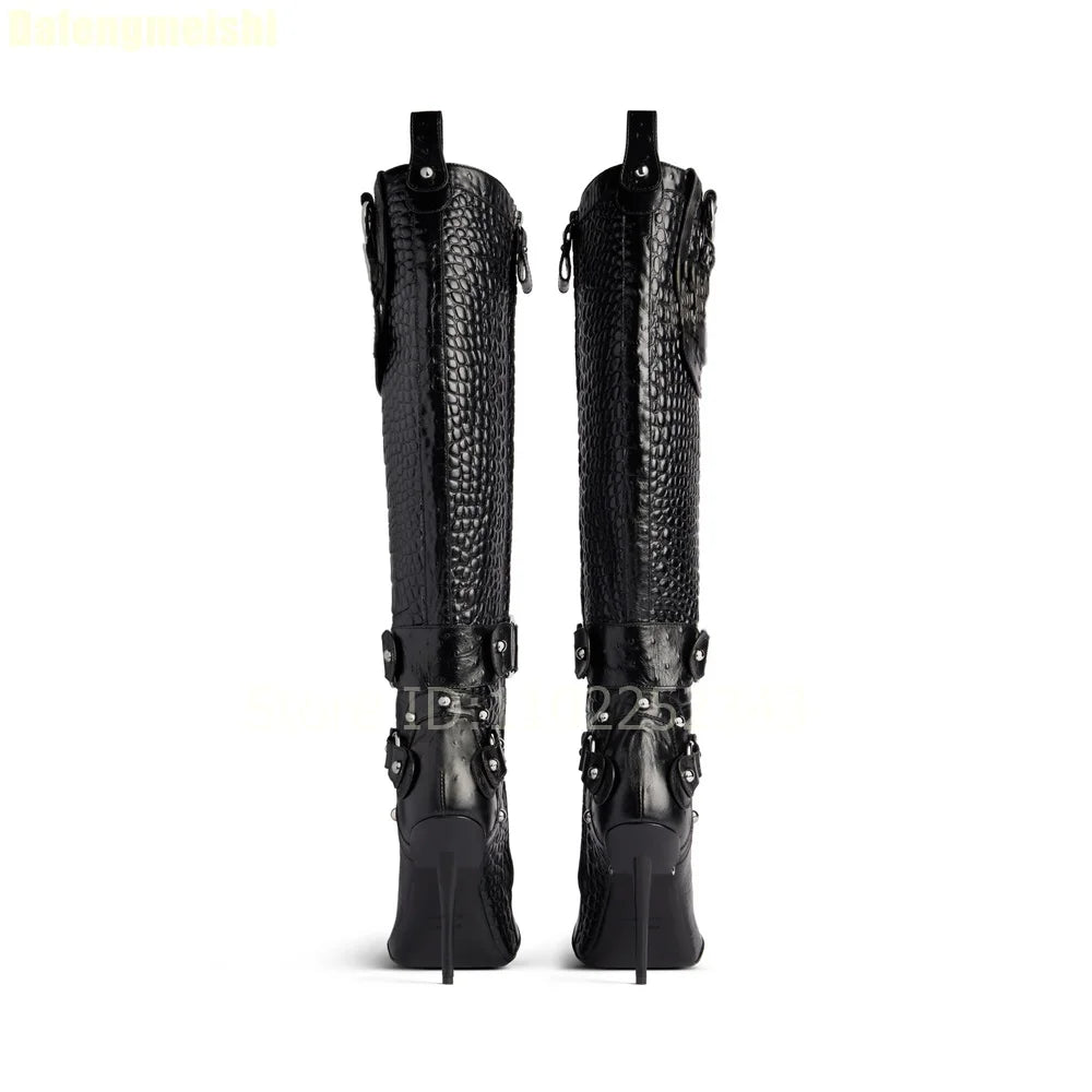 2025 New Stiletto High Heels Crocodile Pattern Boots Fashion B Button Motorcycle Pointed Toe Boots Womens Black Knee-High Boots