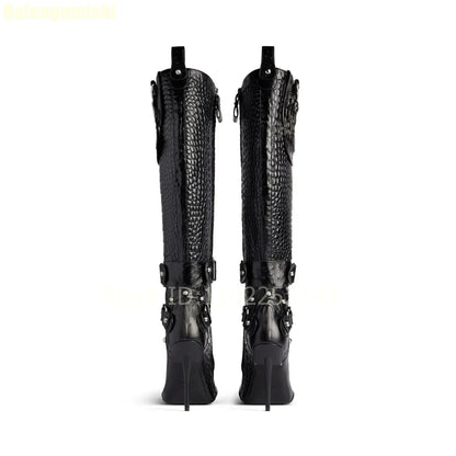 2025 New Stiletto High Heels Crocodile Pattern Boots Fashion B Button Motorcycle Pointed Toe Boots Womens Black Knee-High Boots