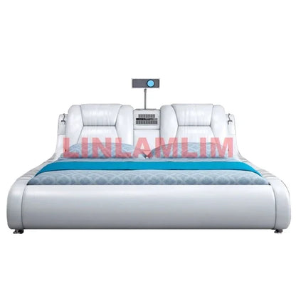 BJ Genuine Leather Bed Multifunctional Beds Ultimate Massage Camas With Bluetooth,Speaker,Safe,Air Cleaner, Projector,Drawers