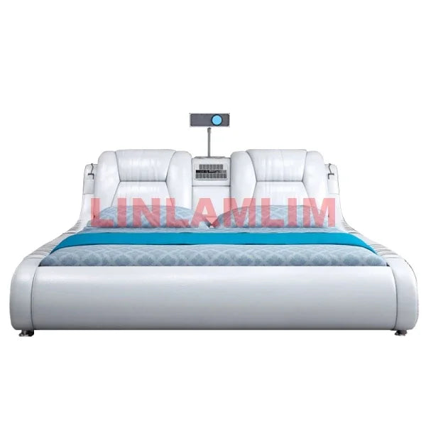 BJ Genuine Leather Bed Multifunctional Beds Ultimate Massage Camas With Bluetooth,Speaker,Safe,Air Cleaner, Projector,Drawers