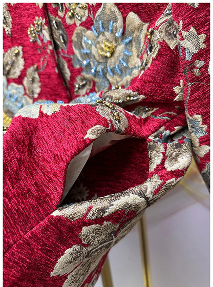 Autumn Winter New Women's Velvet Beaded Round Neck 3/4 Sleeve Burgundy Mid-Length Coat Chenille Texture Luxury Jacket