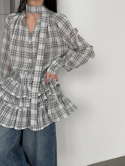 [EAM] Women Black Plaid Ruffles Big Size Elegant Blouse New V-neck Long Sleeve Shirt Fashion Tide Spring Autumn 2026...