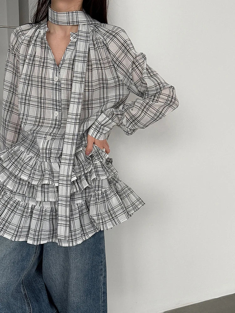 [EAM] Women Black Plaid Ruffles Big Size Elegant Blouse New V-neck Long Sleeve Shirt Fashion Tide Spring Autumn 2026...