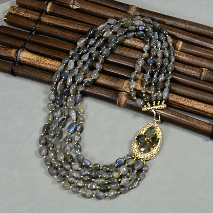 G-G 20" 5 Rows Natural Gray Labradorite Gems Stone Necklace Multi Strands Necklace Jewelry For Women