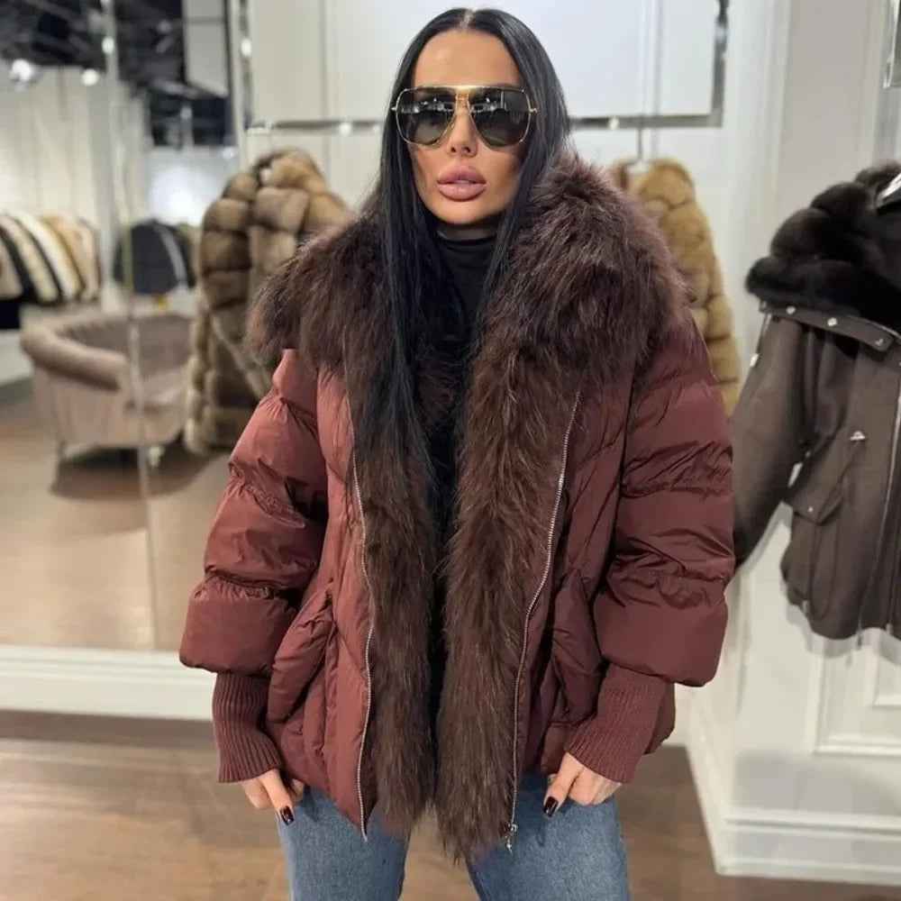OFTBUY Large Real Raccoon Fur Jacket Knit Sleeve Real Fur New Winter Puffer Jacket Women White Duck Down Coat Oversized Feather
