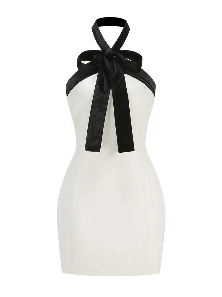 Sexy Sleeveless Black Butterfly Bow Halter Neck Mini Dress Women White Backless Patchwork Slim Evening Cocktail Party Dresses