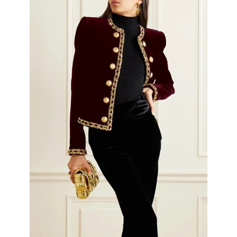 Plus Size Luxury Bright Silk Velvet Jackets Women 2025 Autumn Winter O Neck Long Sleeve Double Gold Button Out Going Coat 184065