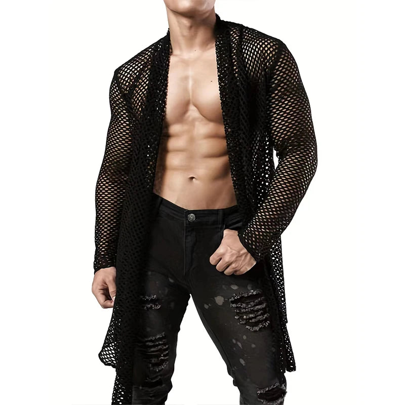 Men's Sexy Hollow Out Long Cardigan Grid Shirts Streetwear Fashion Perspective Long-sleeved Solid Color T Shirt Tops S-3XL - Kimlud