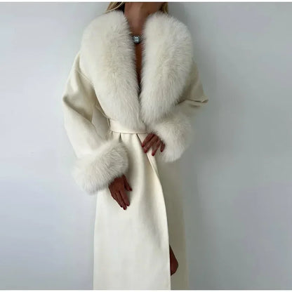 Elegant Fur Patchwork Woolen Coat Women Chic Full Sleeve V-neck Lace Up Loose Long Overcoat 2025 Lady Winter Commute Outwear