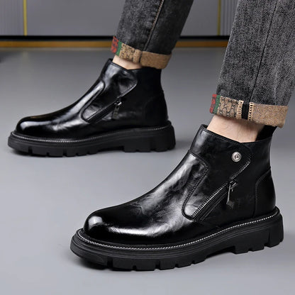 British Style Fashion Men's Casual Leather Boots Outdoor High Top Genuine Leather Non-slip Ankle Boots Retro Style Walking Botas